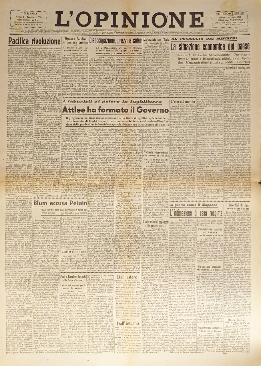Giornale - L'Opinione N. 79 - 1945 Attlee ha formato … | Immagine principale