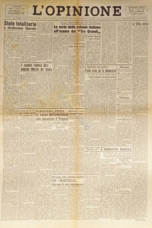 Giornale - L'Opinione N. 82 - 1945 Sorte colonie italiane … | Immagine Gallery 2