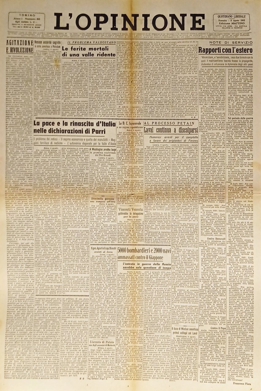 Giornale - L'Opinione N. 86 - 1945 La pace e … | Immagine principale