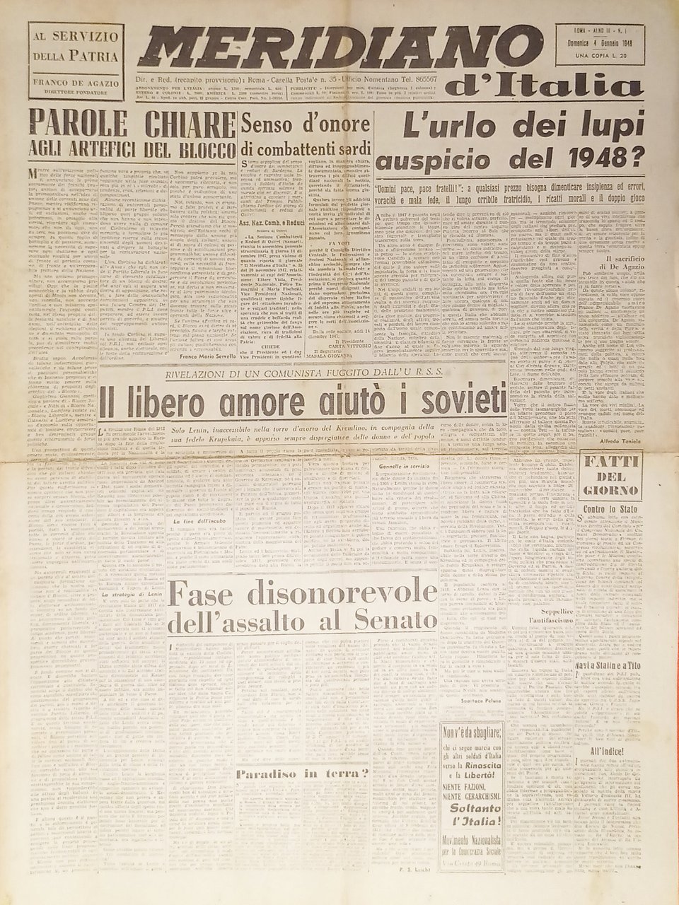 Giornale - Meridiano d'italia N. 1 - 1948 Il libero … | Immagine principale