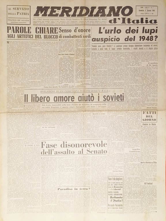Giornale - Meridiano d'italia N. 1 - 1948 Il libero amore aiutò i sovieti