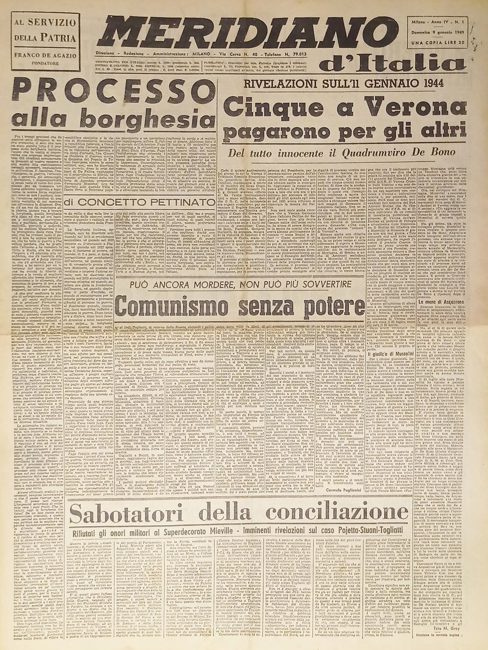 Giornale - Meridiano d'italia N. 1 - 1949 Processo alla … | Immagine principale
