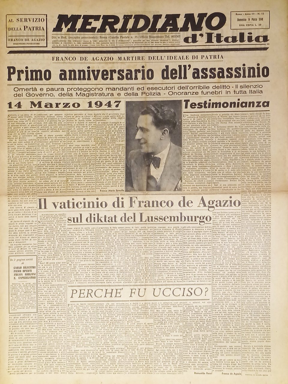 Giornale - Meridiano d'italia N. 11 - 1948 Primo anniversario … | Immagine principale