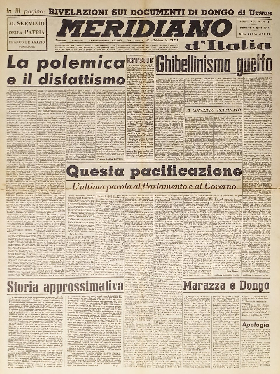 Giornale - Meridiano d'italia N. 13 - 1949 La polemica … | Immagine principale