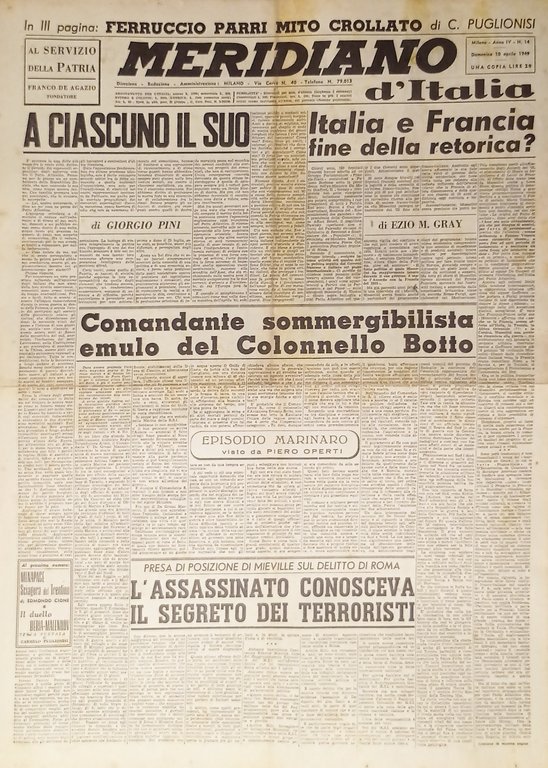 Giornale - Meridiano d'italia N. 14 - 1949 Italia e Francia fine della retorica?