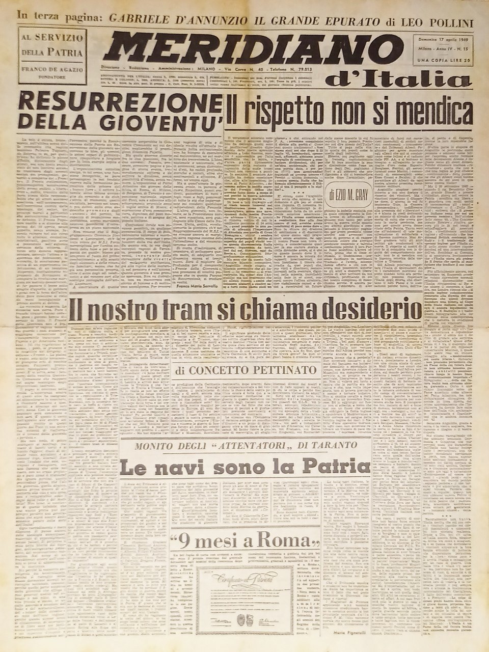 Giornale - Meridiano d'italia N. 15 - 1949 Resurrezione della …