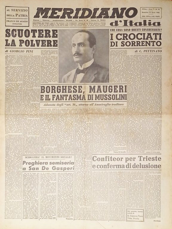 Giornale - Meridiano d'italia N.16 - 1950 Borghese, Maugeri e Fantasma Mussolini