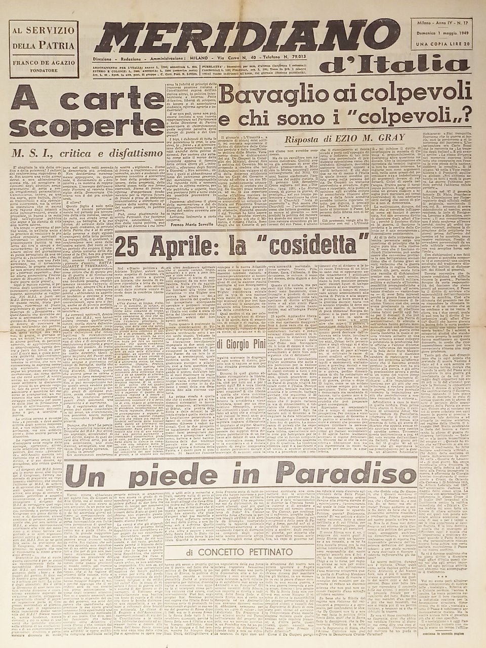 Giornale - Meridiano d'italia N. 17 - 1949 Bavaglio ai … | Immagine principale