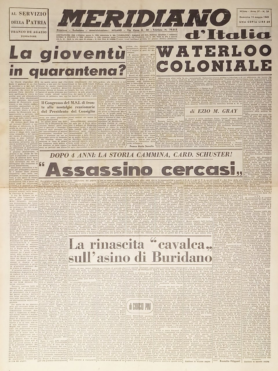 Giornale - Meridiano d'italia N. 19 - 1949 Waterloo coloniale | Immagine principale