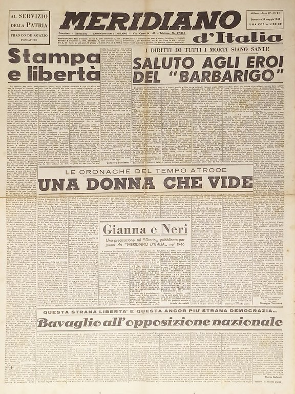 Giornale - Meridiano d'italia N. 21 - 1949 Saluto agli eroi del Barbarigo