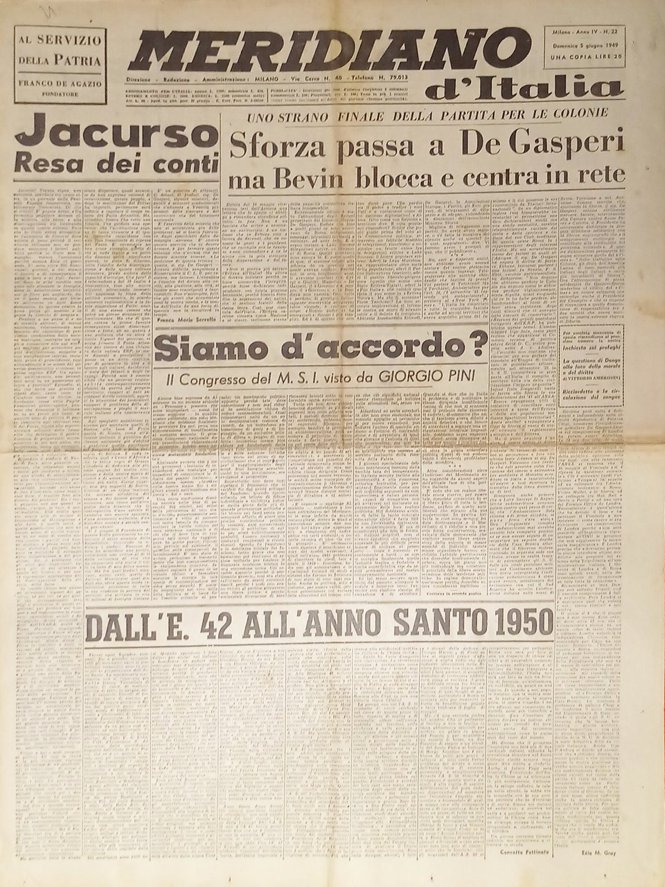 Giornale - Meridiano d'italia N. 22 - 1949 Sforza passa … | Immagine principale
