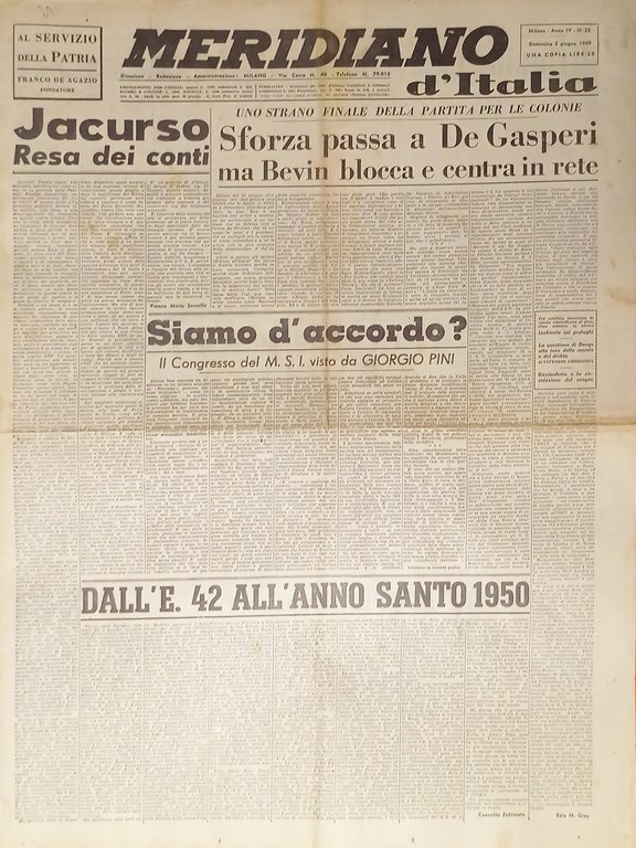 Giornale - Meridiano d'italia N. 22 - 1949 Sforza passa a De Gasperi