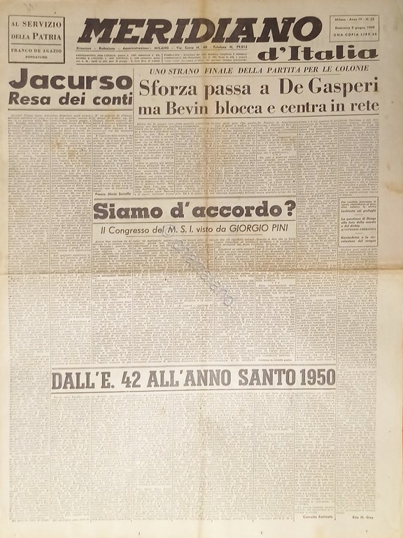 Giornale - Meridiano d'italia N. 22 - 1949 Sforza passa … | Immagine Gallery 2
