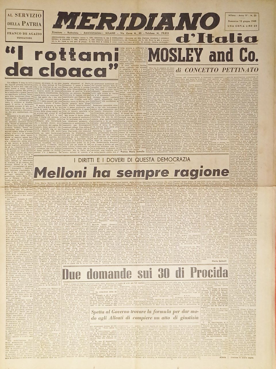 Giornale - Meridiano d'italia N. 23 - 1949 Melloni ha … | Immagine principale