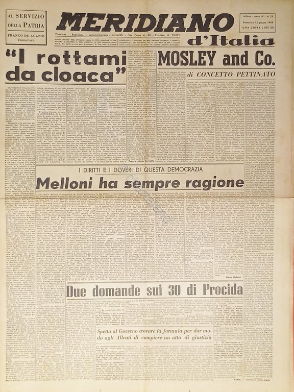 Giornale - Meridiano d'italia N. 23 - 1949 Melloni ha … | Immagine Gallery 2
