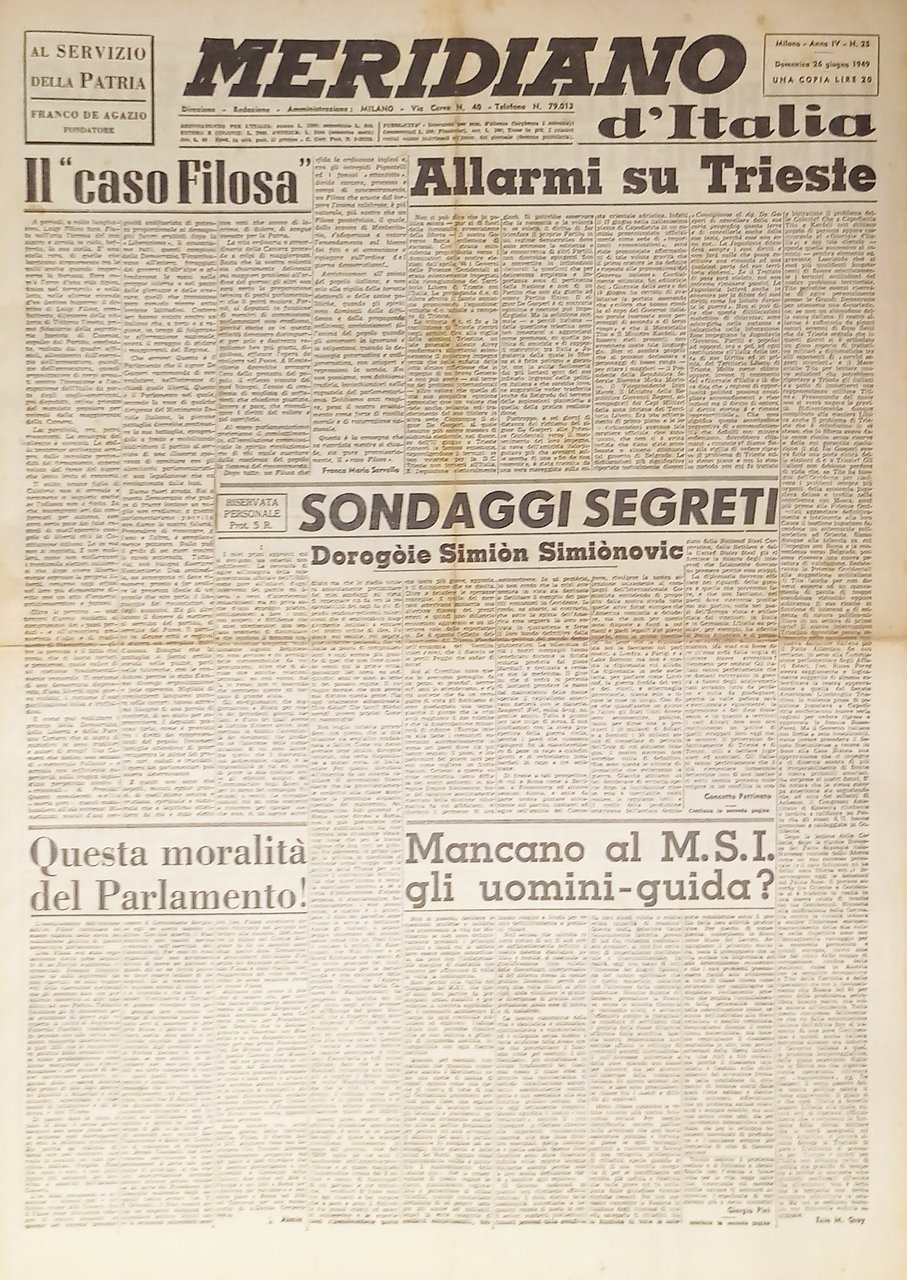 Giornale - Meridiano d'italia N. 25 - 1949 Allarme su … | Immagine principale