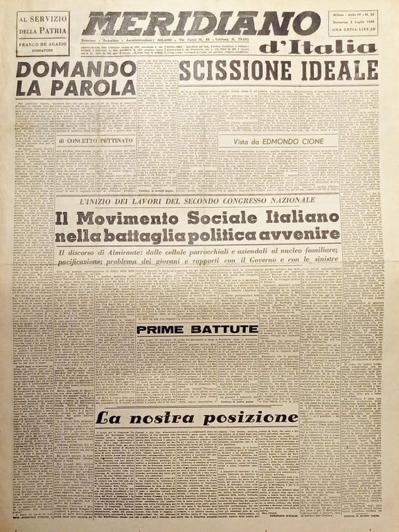 Giornale - Meridiano d'italia N. 26 - Movimento Sociale Italiano - 1949
