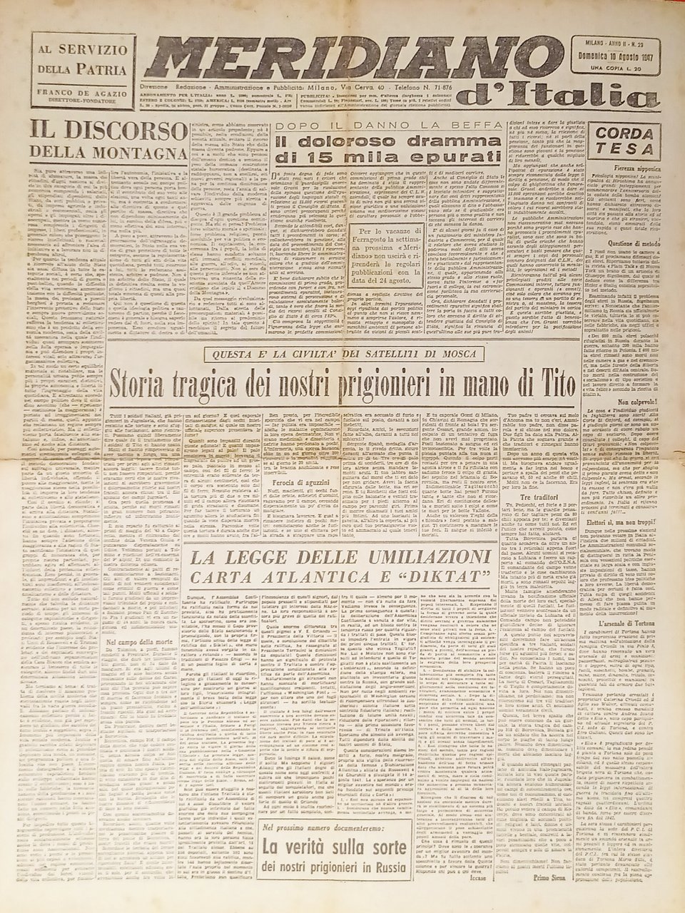 Giornale - Meridiano d'italia N. 29 - 1947 Il discorso … | Immagine principale