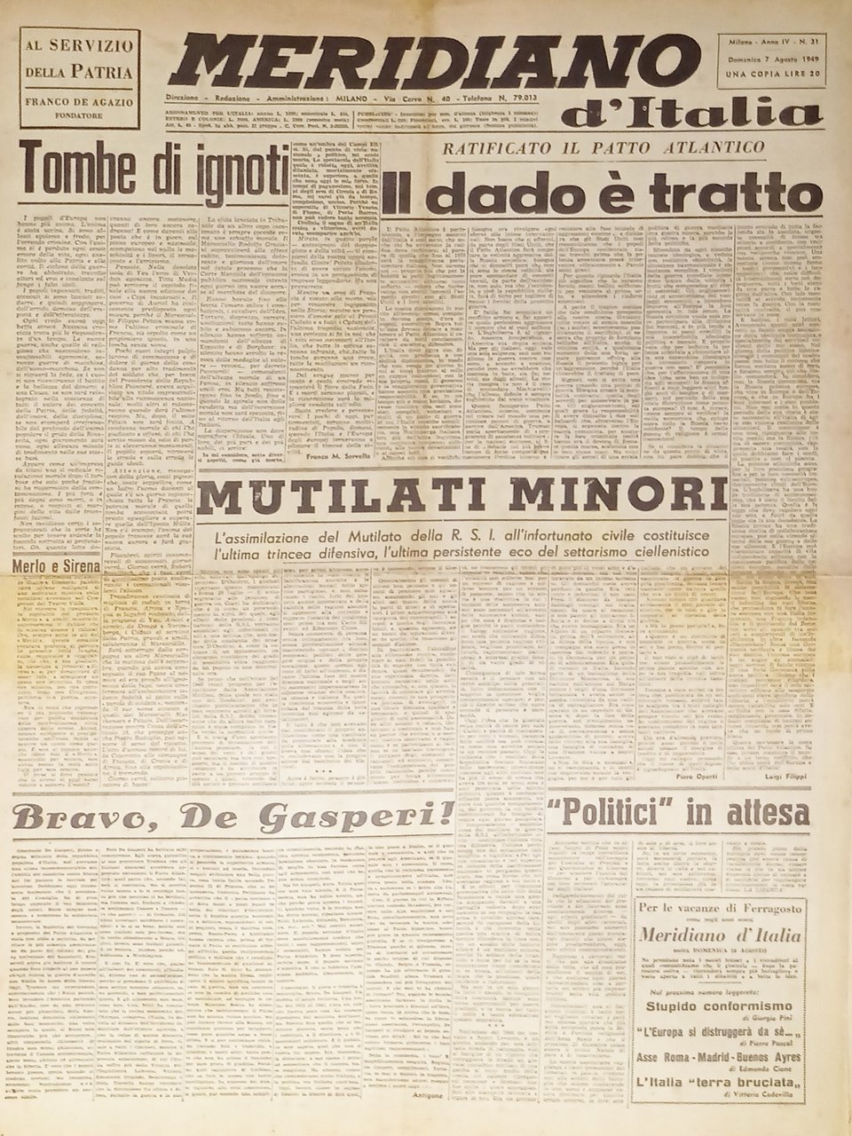 Giornale - Meridiano d'italia N. 31 - 1949 Mutilati minori | Immagine principale