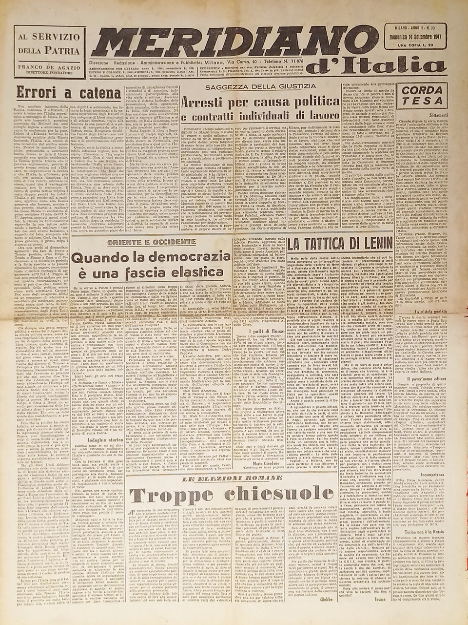 Giornale - Meridiano d'italia N. 33 - 1947 La tattica … | Immagine principale