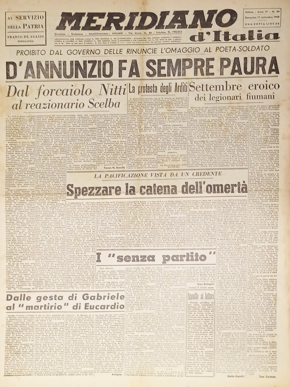 Giornale - Meridiano d'italia N. 34 - 1949 D'Annunzio fa … | Immagine principale