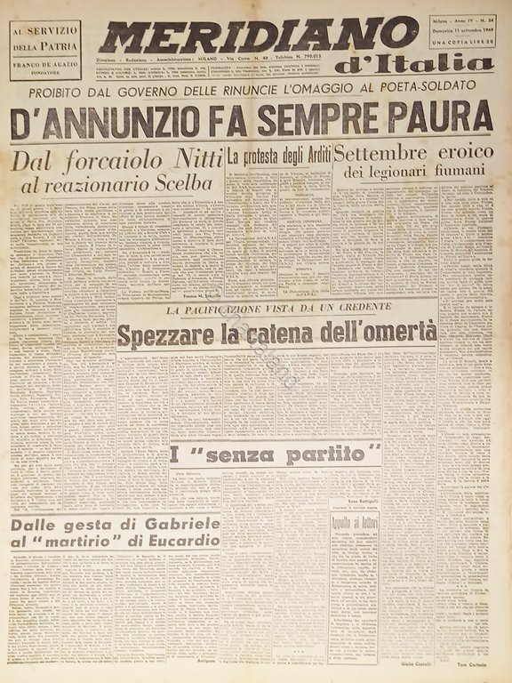 Giornale - Meridiano d'italia N. 34 - 1949 D'Annunzio fa … | Immagine Gallery 2