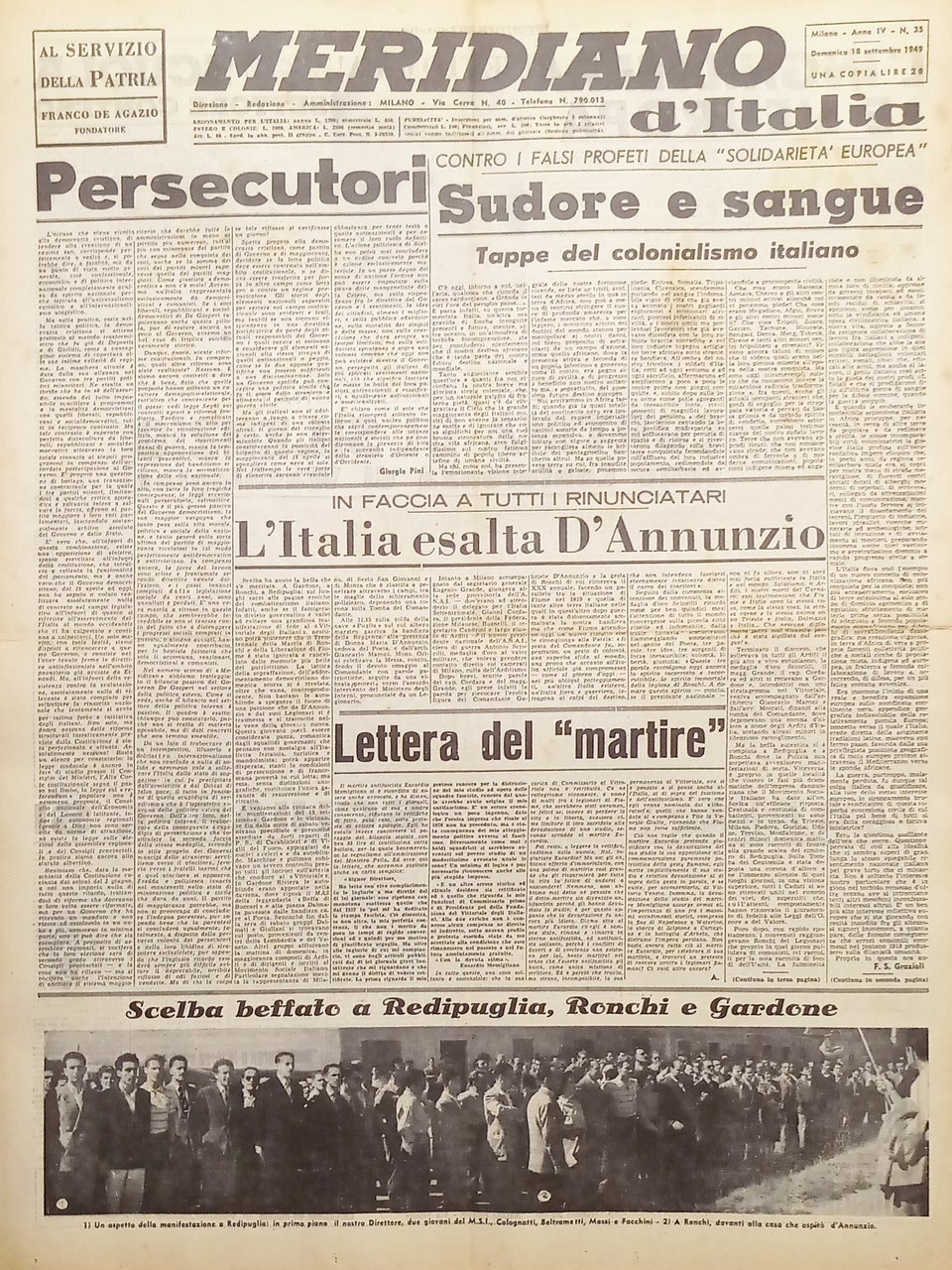 Giornale - Meridiano d'italia N. 35 - 1949 L'Italia esalta … | Immagine principale