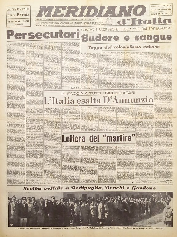 Giornale - Meridiano d'italia N. 35 - 1949 L'Italia esalta D'Annunzio