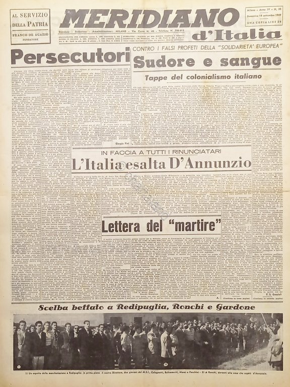 Giornale - Meridiano d'italia N. 35 - 1949 L'Italia esalta … | Immagine Gallery 2