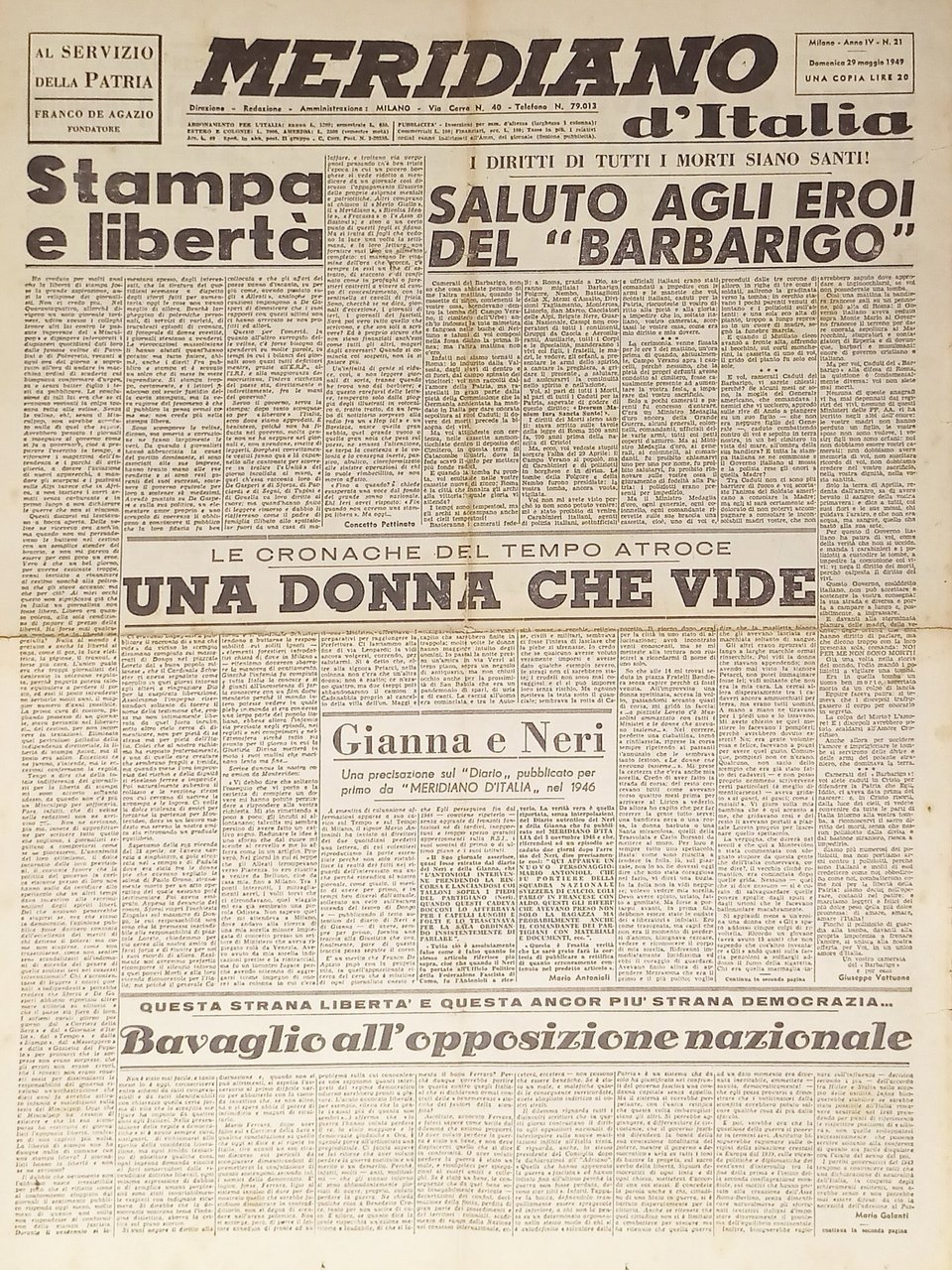 Giornale - Meridiano d'italia N. 36 - 1949 La tragedia … | Immagine principale