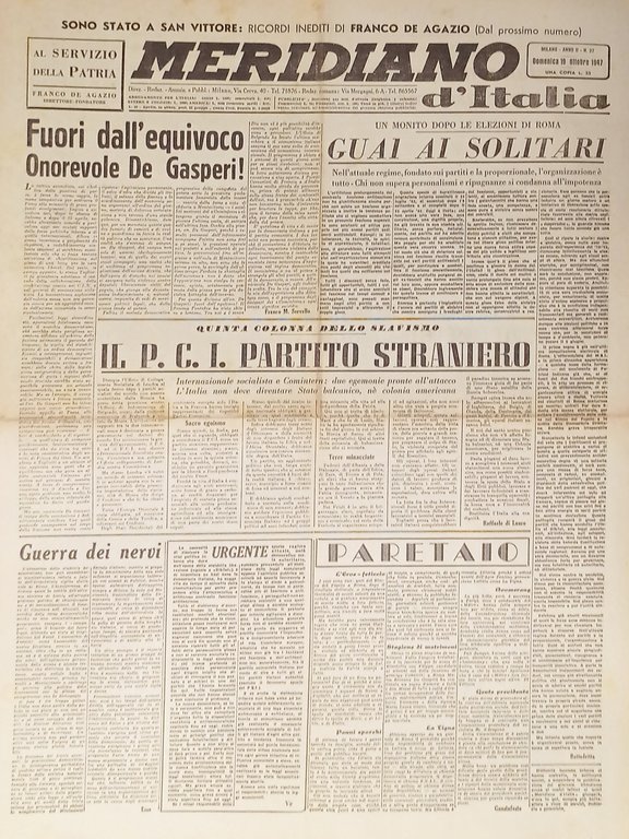 Giornale - Meridiano d'italia N.37 Fuori dall'equivoco Onorevole De Gasperi 1947