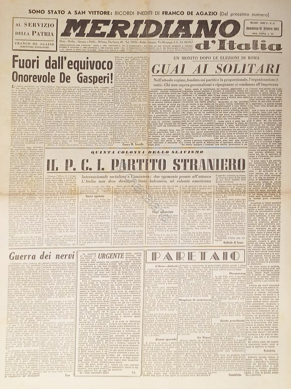 Giornale - Meridiano d'italia N.37 Fuori dall'equivoco Onorevole De Gasperi … | Immagine Gallery 2