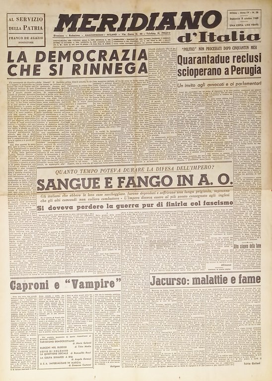 Giornale - Meridiano d'italia N. 38 - 1949 Sangue e fango in A. O.