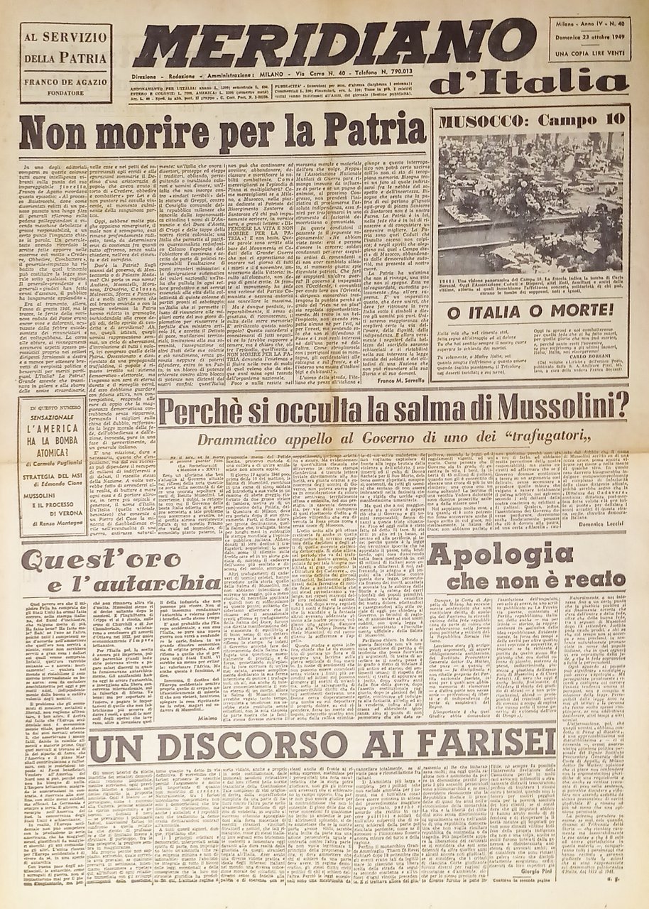 Giornale - Meridiano d'italia N. 40 - 1949 Non morire … | Immagine principale