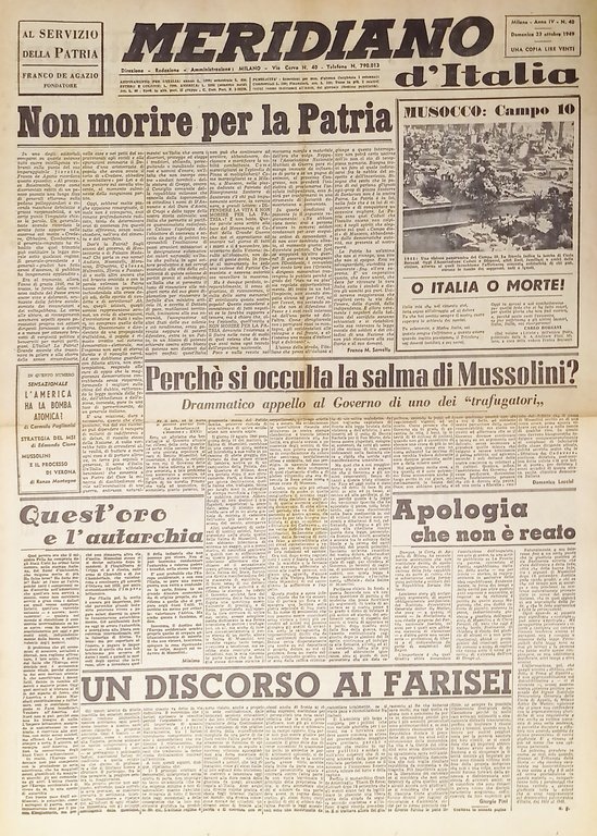 Giornale - Meridiano d'italia N. 40 - 1949 Non morire per la Patria