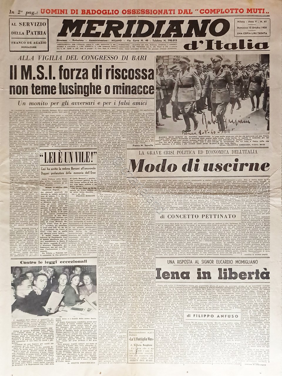 Giornale - Meridiano d'Italia N. 41 - 1950 Il M.S.I. … | Immagine principale