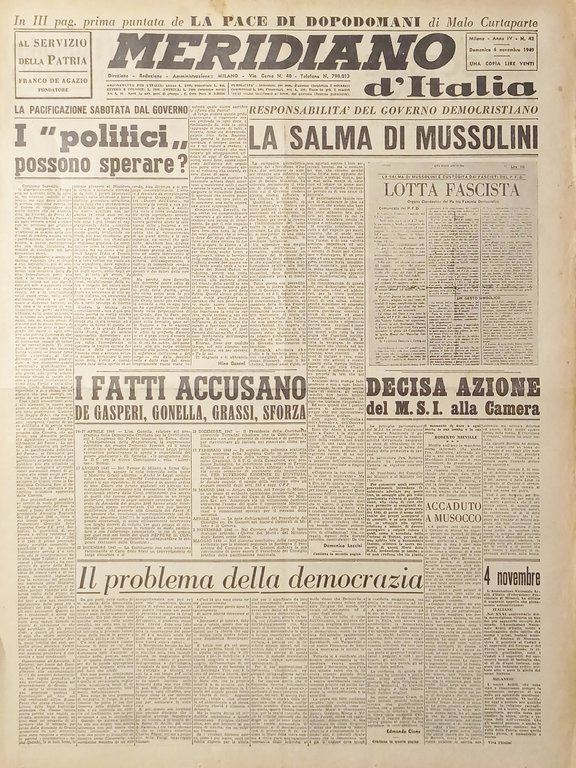 Giornale - Meridiano d'italia N. 42 - La salma di Mussolini - 1949