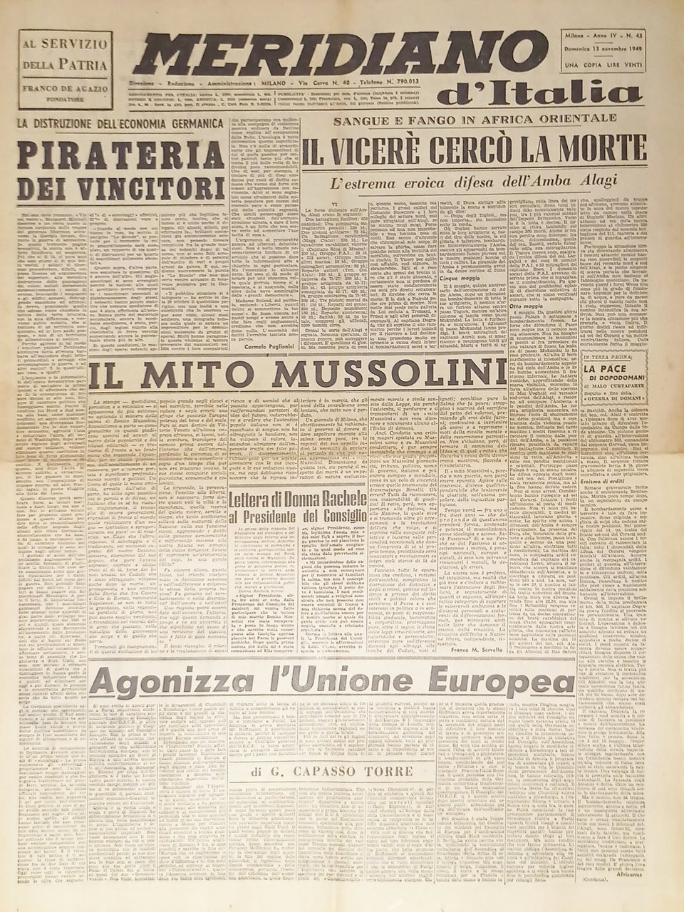 Giornale - Meridiano d'italia N. 43 - 1949 Il Mito … | Immagine principale