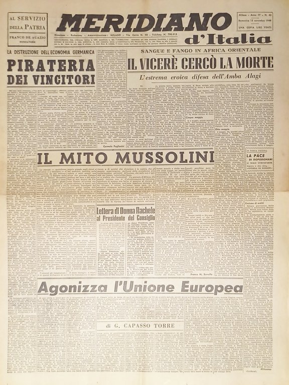 Giornale - Meridiano d'italia N. 43 - 1949 Il Mito di Mussolini