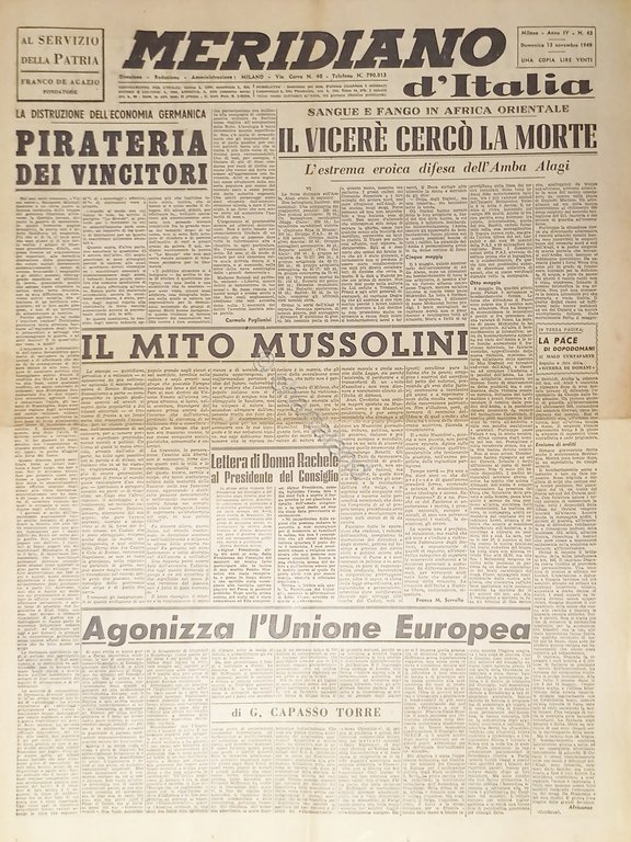Giornale - Meridiano d'italia N. 43 - 1949 Il Mito … | Immagine Gallery 2