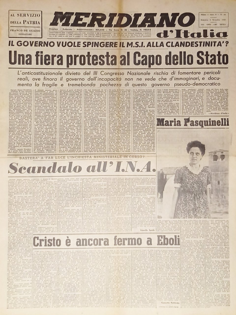 Giornale - Meridiano d'italia N. 44 - 1950 Maria Pasquinelli | Immagine principale