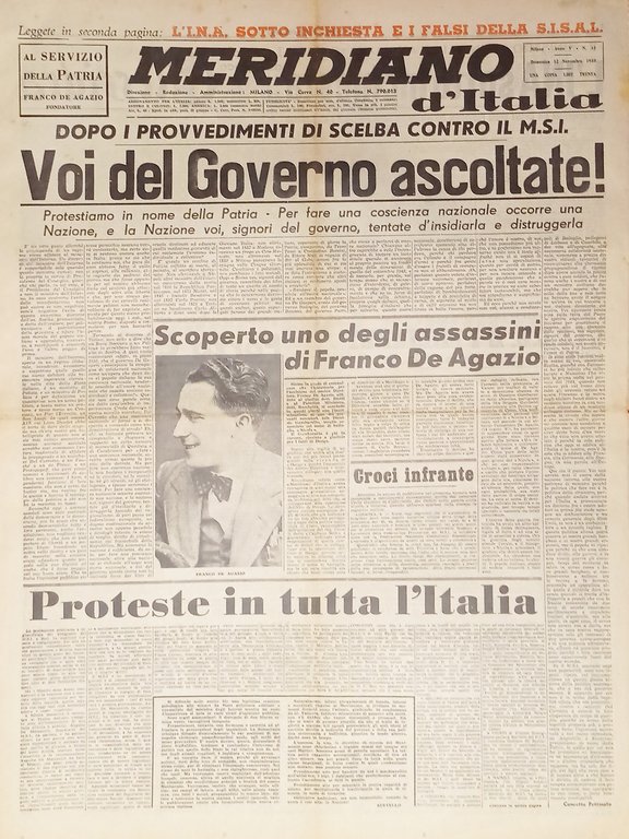 Giornale - Meridiano d'italia N. 45 - 1950 Scoperto assassino di Franco Agazio