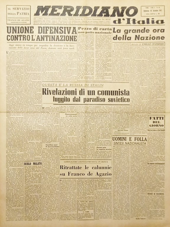 Giornale - Meridiano d'italia N. 46 - Unione difensiva contro l'antinazione 1947
