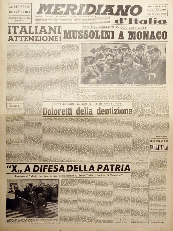 Giornale - Meridiano d'italia N. 6 - Mussolini a Monaco - 1950
