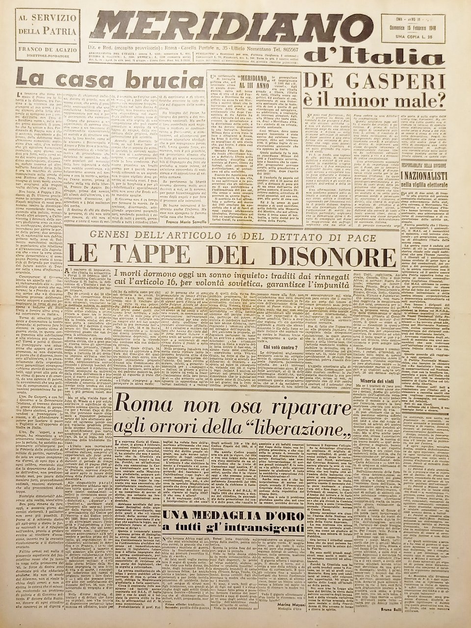 Giornale - Meridiano d'italia N. 7 - De Gasperi è … | Immagine principale