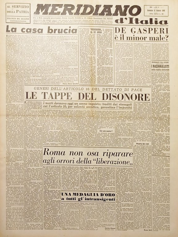 Giornale - Meridiano d'italia N. 7 - De Gasperi è il minor male? - 1948