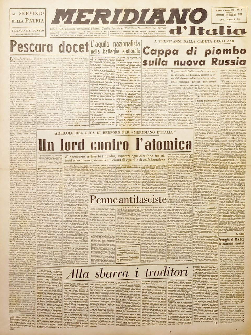 Giornale - Meridiano d'italia N. 8 - Cappo di piombo … | Immagine principale