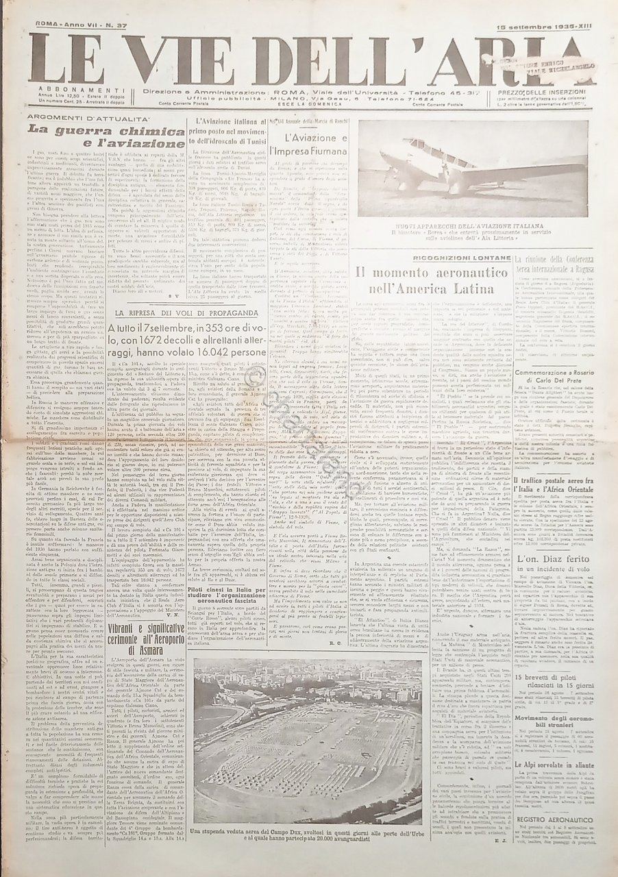 Giornale Aeronautica - Le Vie dell'Aria N. 37 Guerra chimica …