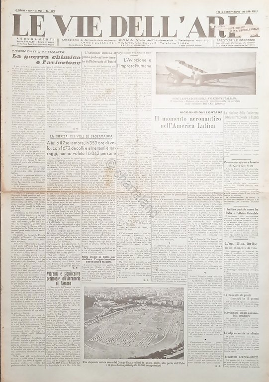 Giornale Aeronautica - Le Vie dell'Aria N. 37 Guerra chimica e l'aviazione 1935