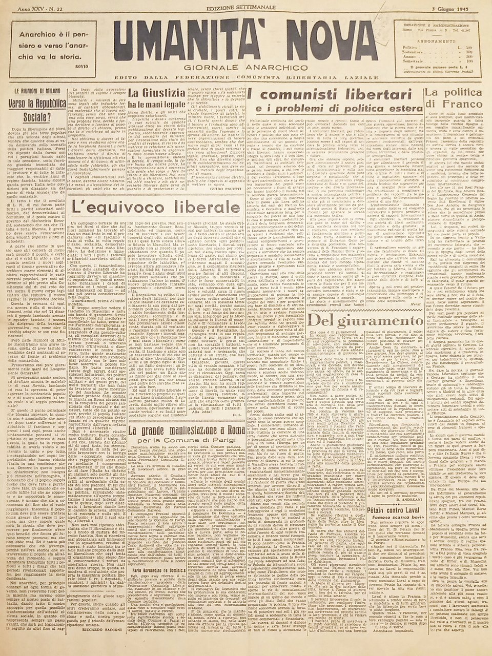 Giornale Anarchico - Umanità Nova N. 22 - I comunisti …